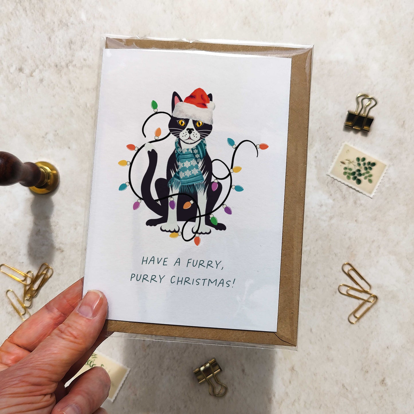 Tuxedo Cat Christmas Hat Folded Card & Envelope
