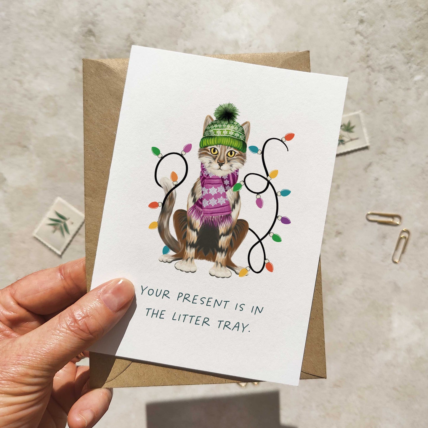 Tabby Cat Christmas Hat Folded Card & Envelope