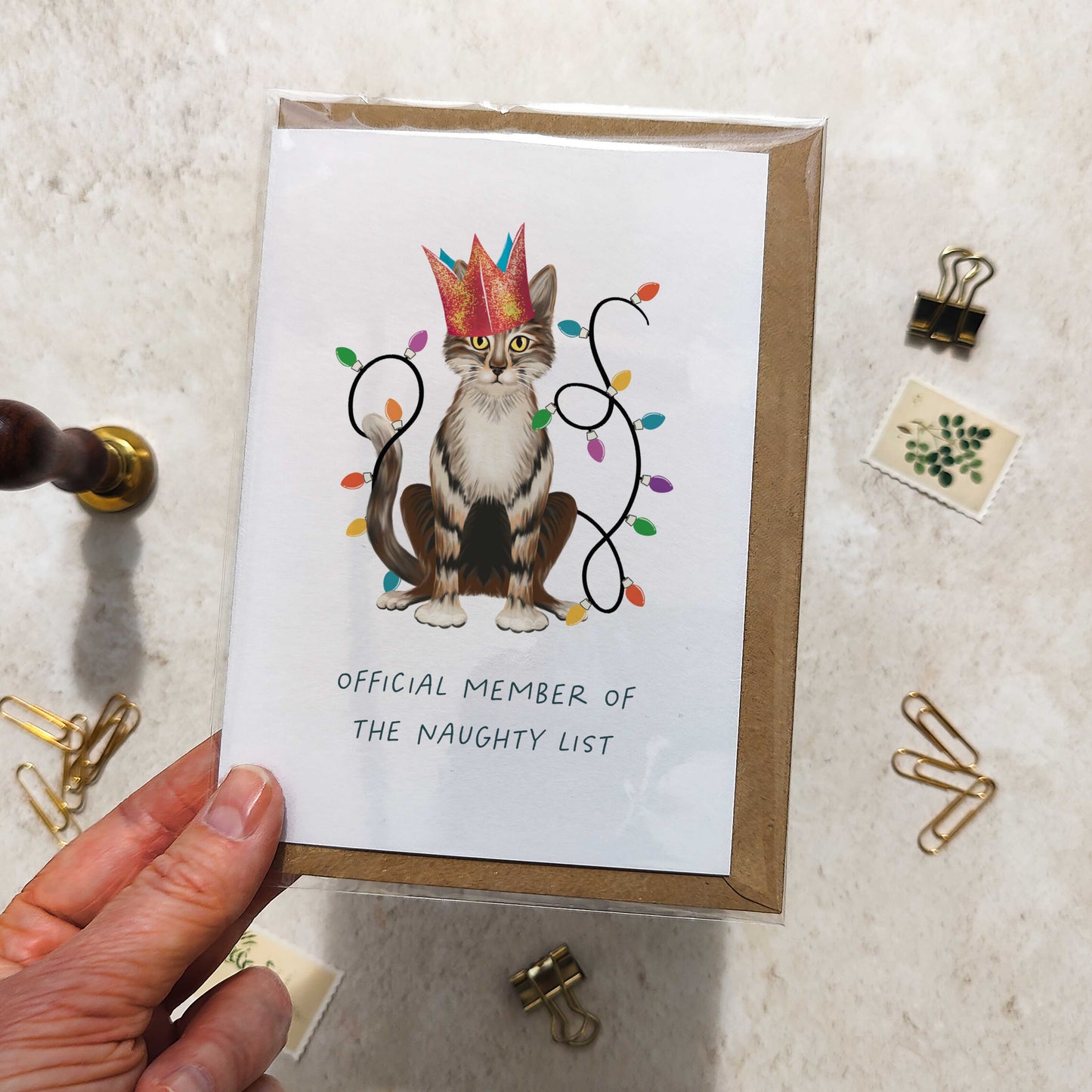 Tabby Cat Christmas Hat Folded Card & Envelope