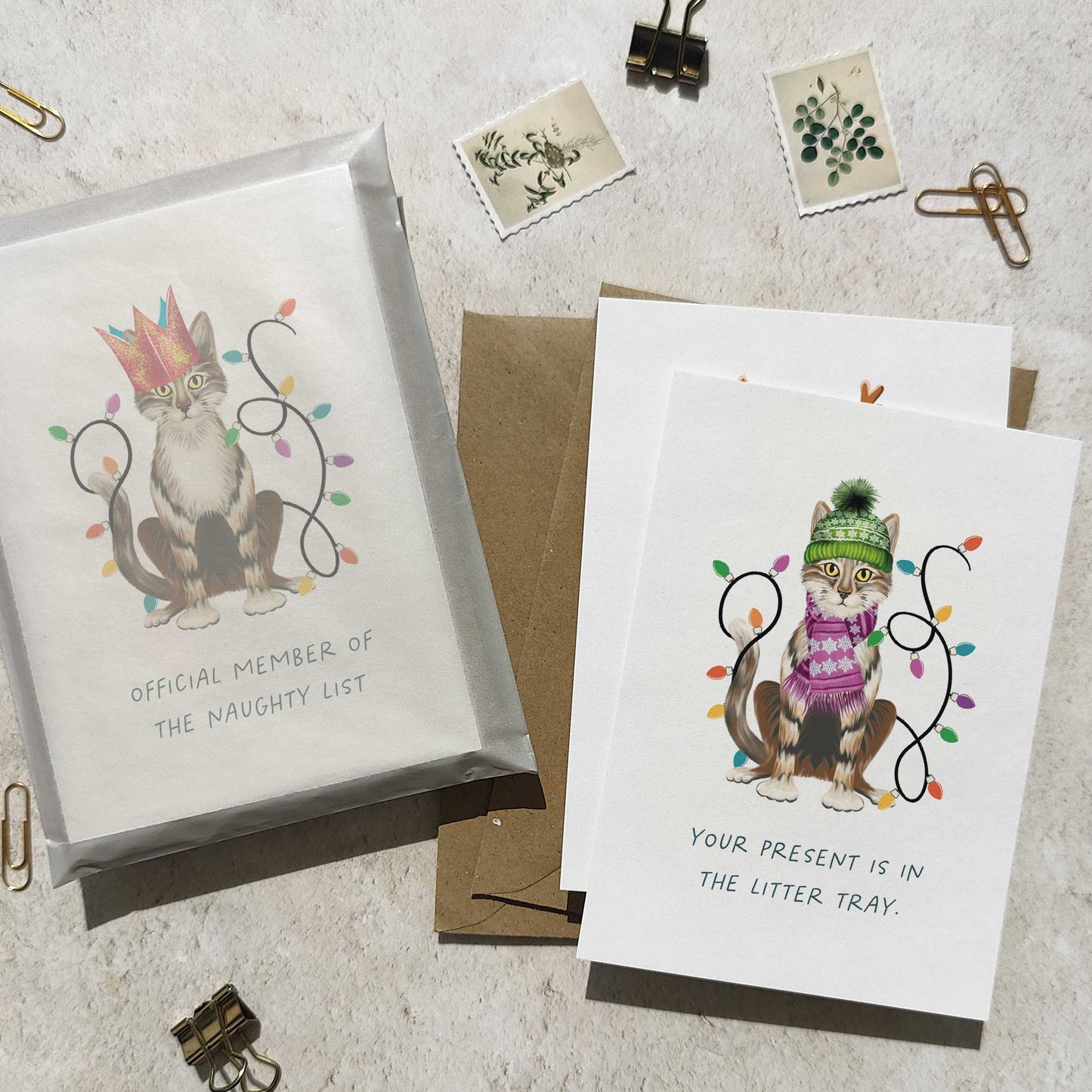 Tabby Cat Christmas Hat Folded Card & Envelope