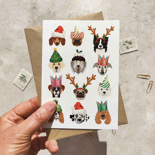 Dog Breeds in Christmas Hats Folded Card & Envelope
