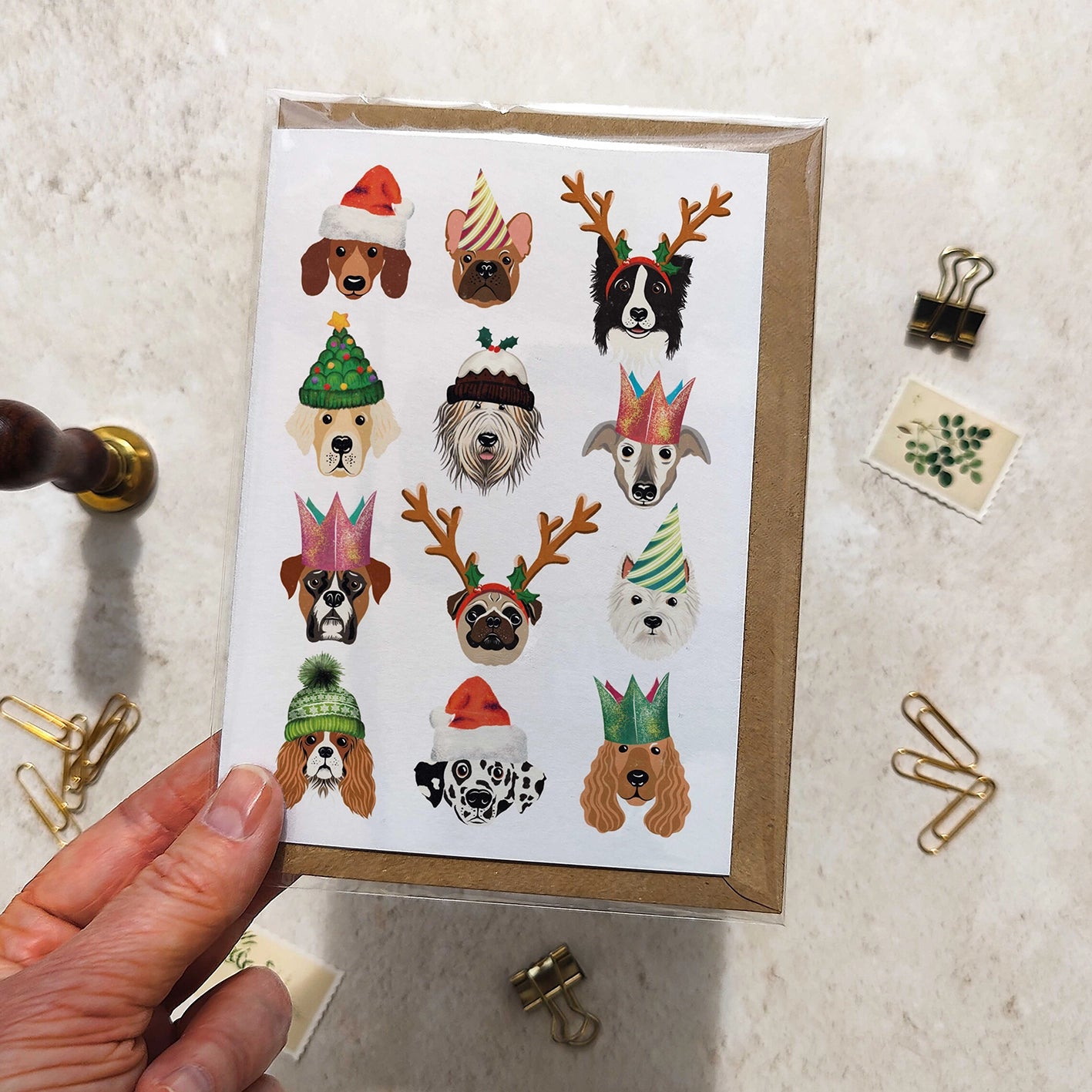 Dog Breeds in Christmas Hats Folded Card & Envelope