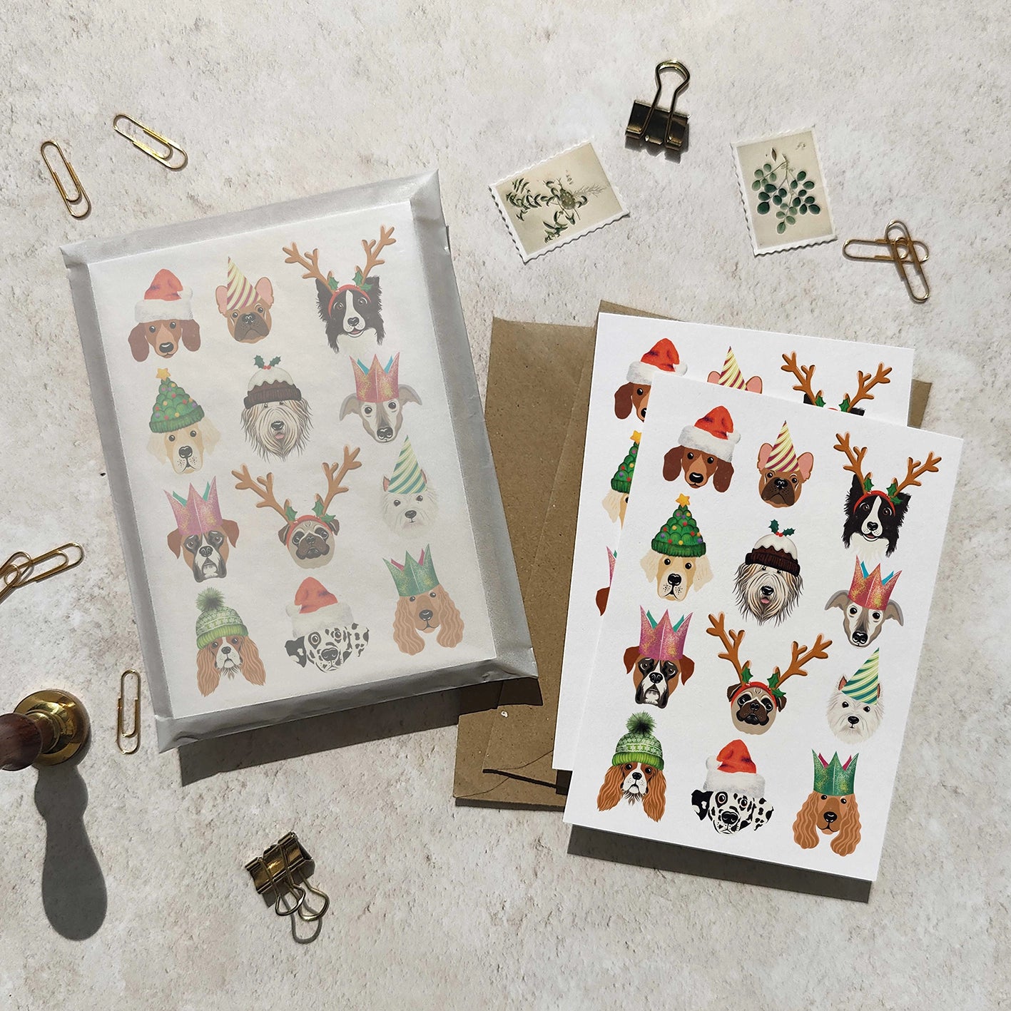 Set of 6 Christmas Dogs in Hats Cards & Envelopes