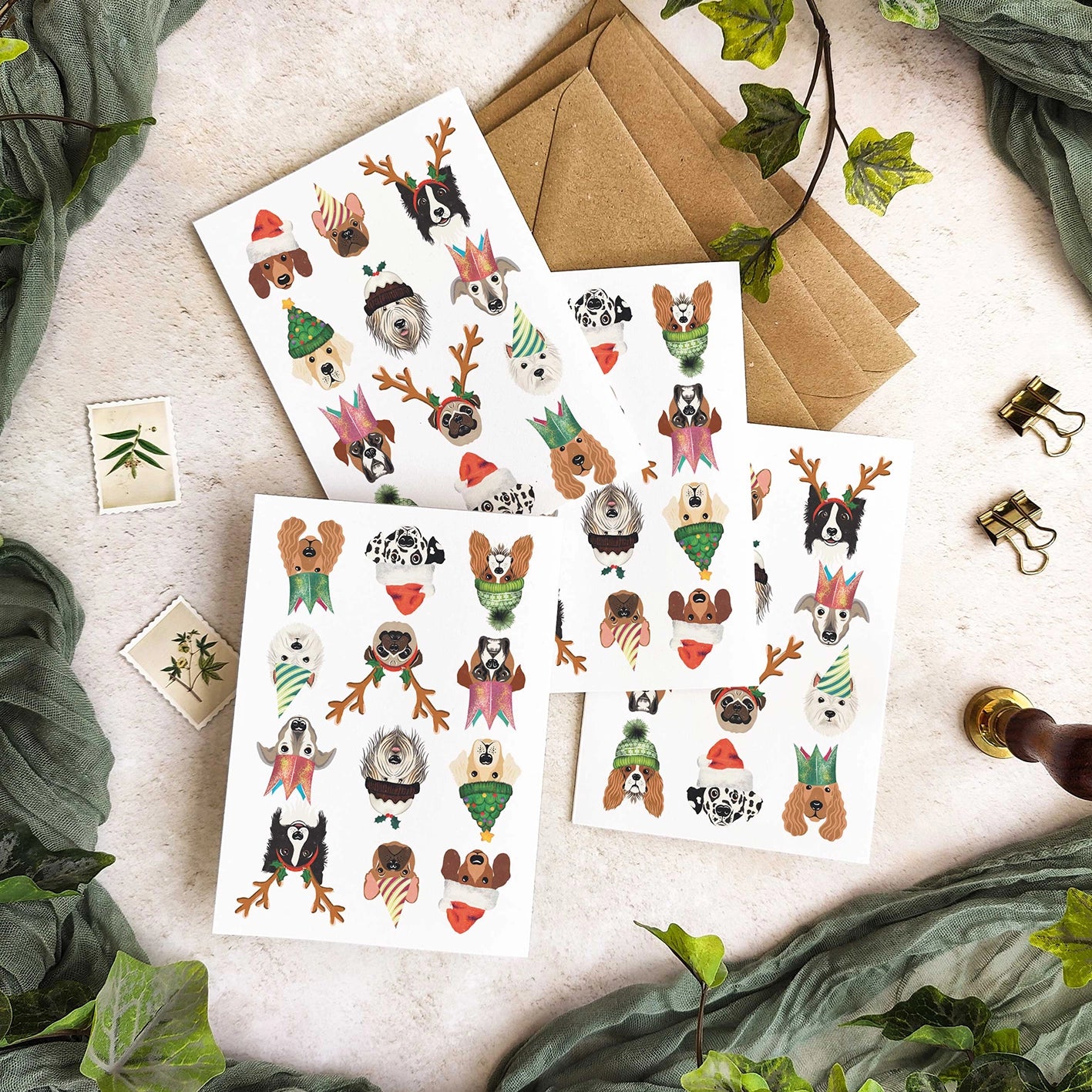 Set of 6 Christmas Dogs in Hats Cards & Envelopes