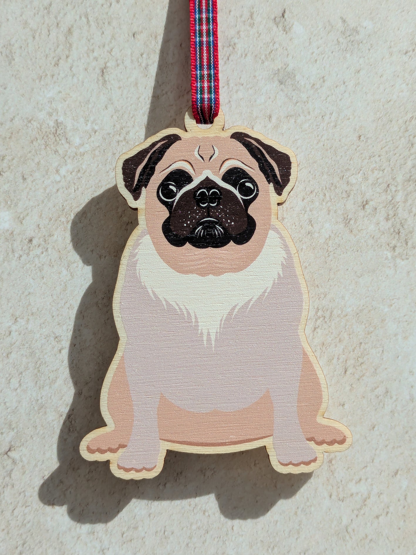 Pug Dog Hanging Wooden Christmas Tree Ornament