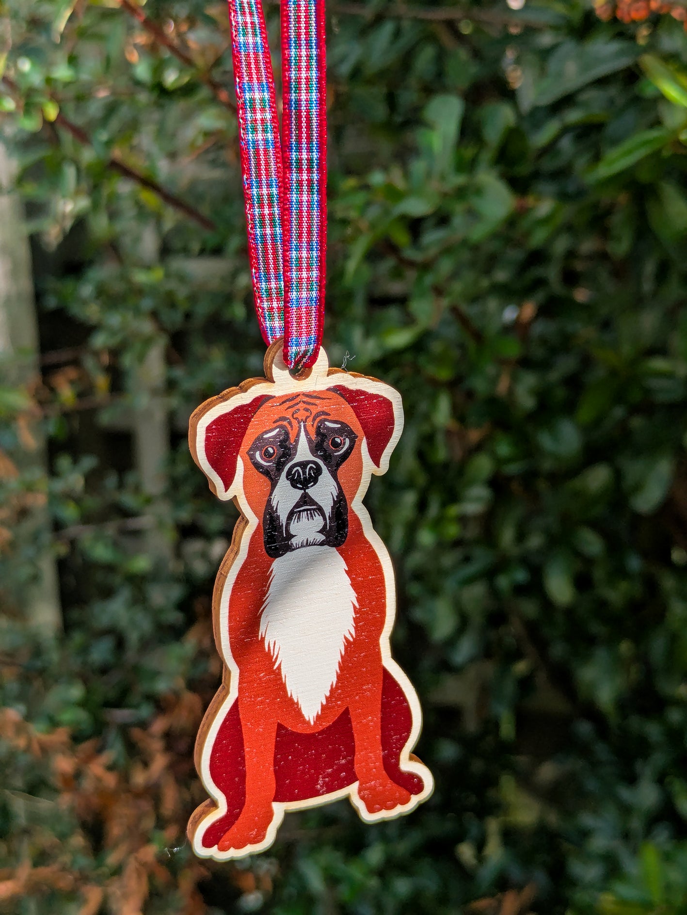 Boxer Dog Hanging Wooden Christmas Tree Ornament