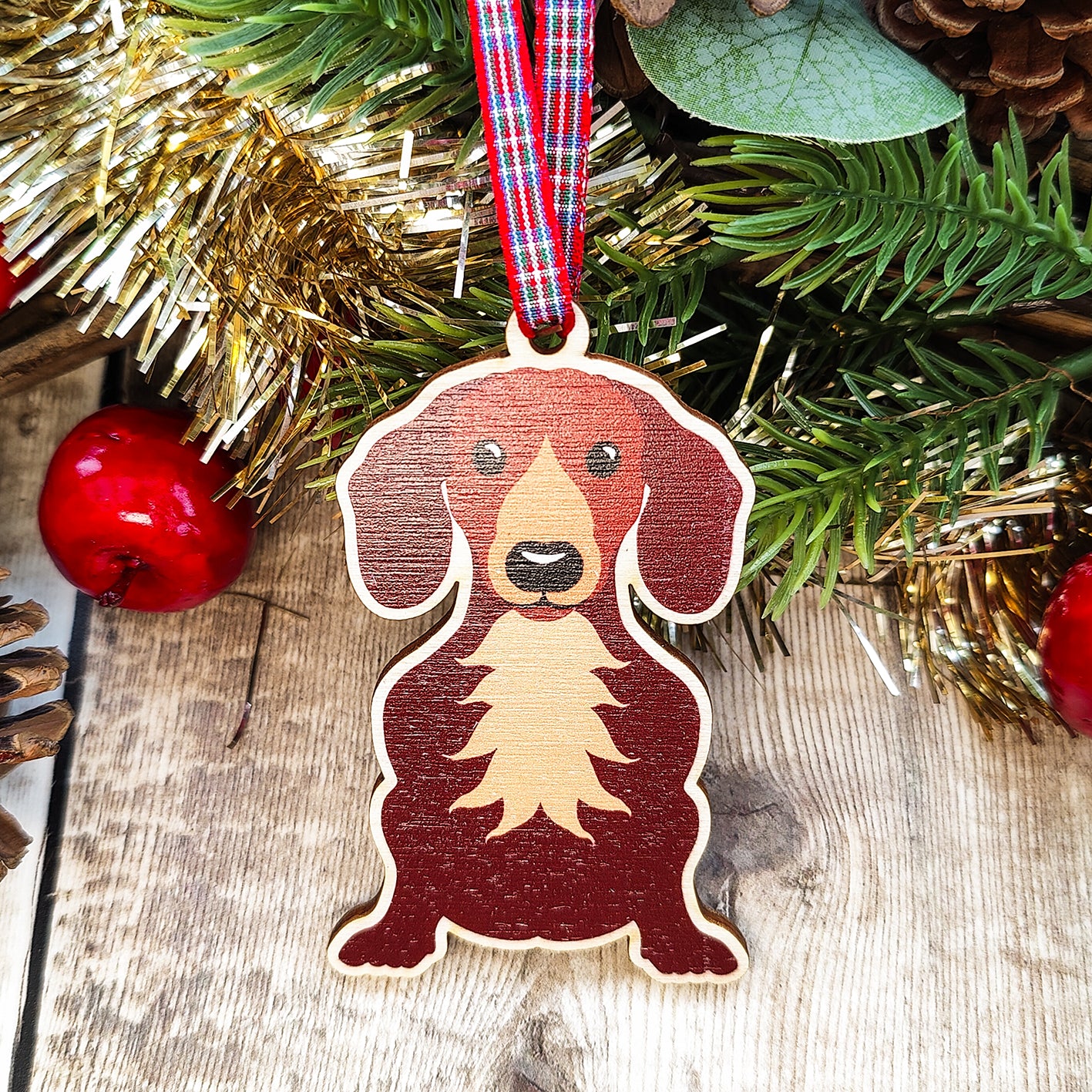 Dachshund Dog Hanging Wooden Christmas Tree Ornament