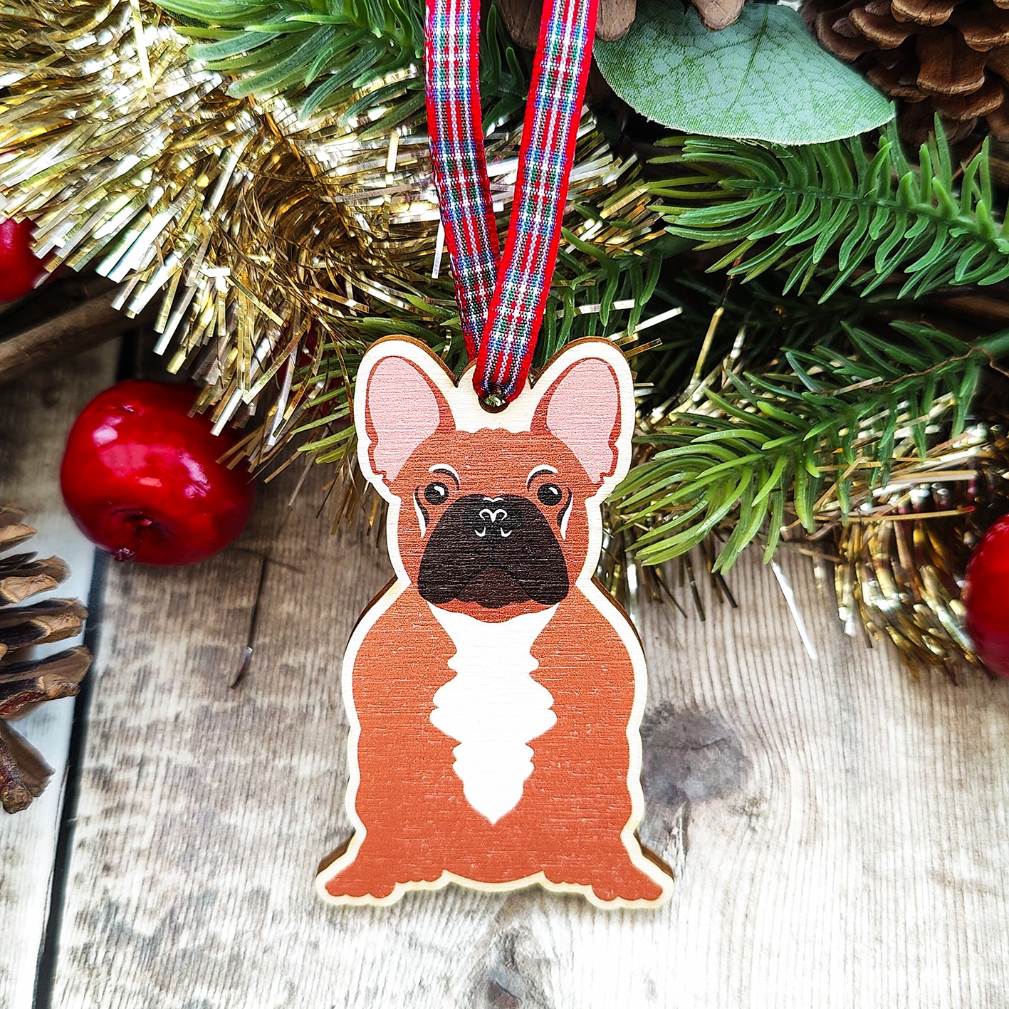 French Bulldog Hanging Wooden Christmas Tree Ornament