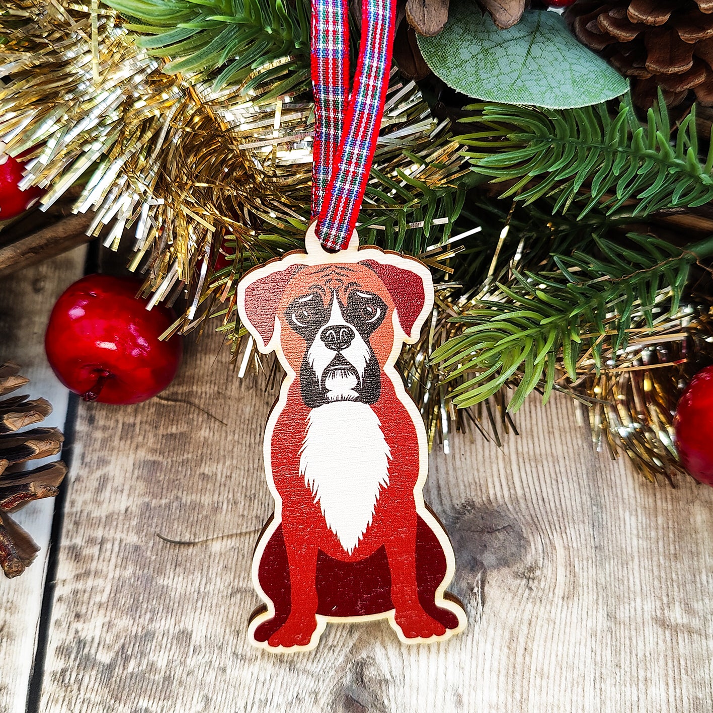 Boxer Dog Hanging Wooden Christmas Tree Ornament