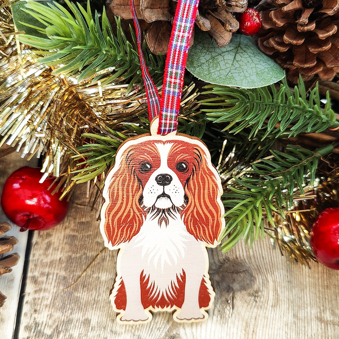 King Charles Spaniel Dog Hanging Wooden Christmas Tree Ornament