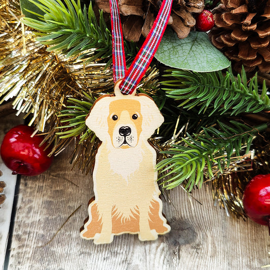 Golden Retriever Dog Hanging Wooden Christmas Tree Ornament
