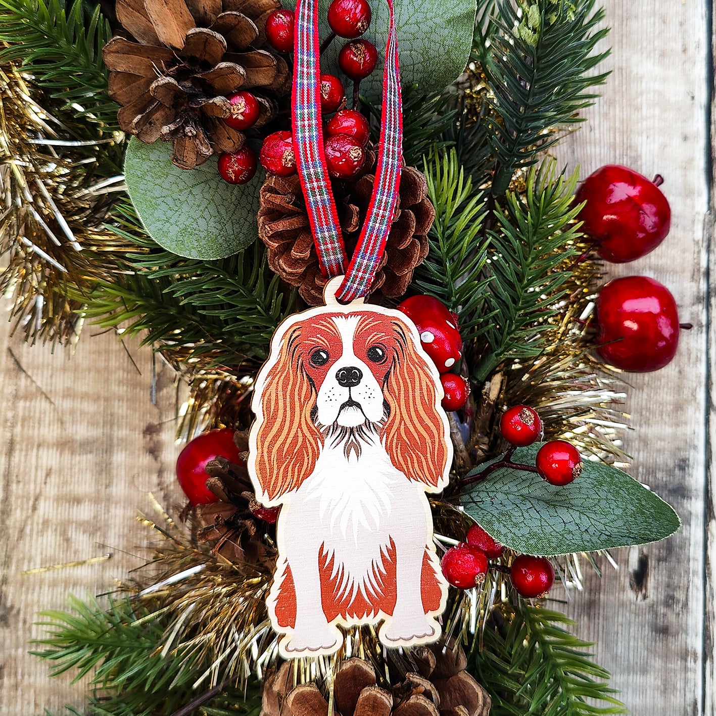 King Charles Spaniel Dog Hanging Wooden Christmas Tree Ornament