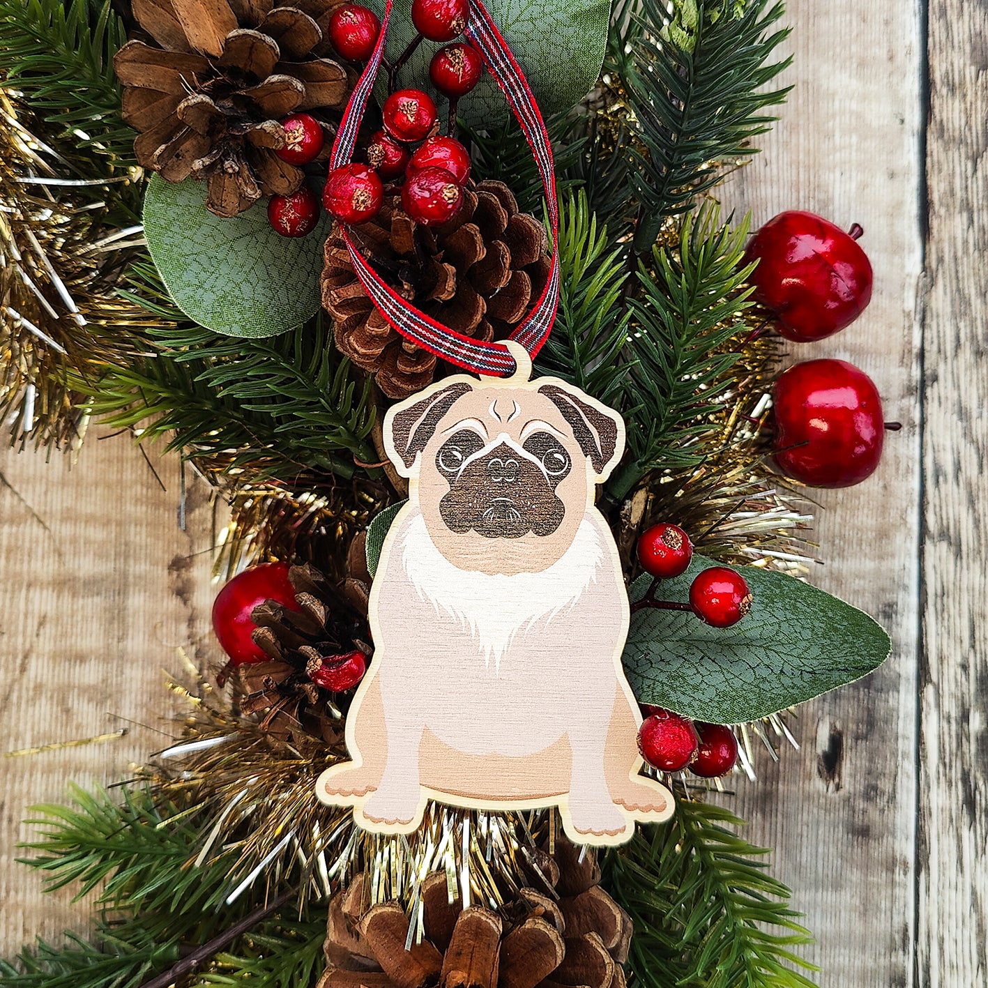 Pug Dog Hanging Wooden Christmas Tree Ornament