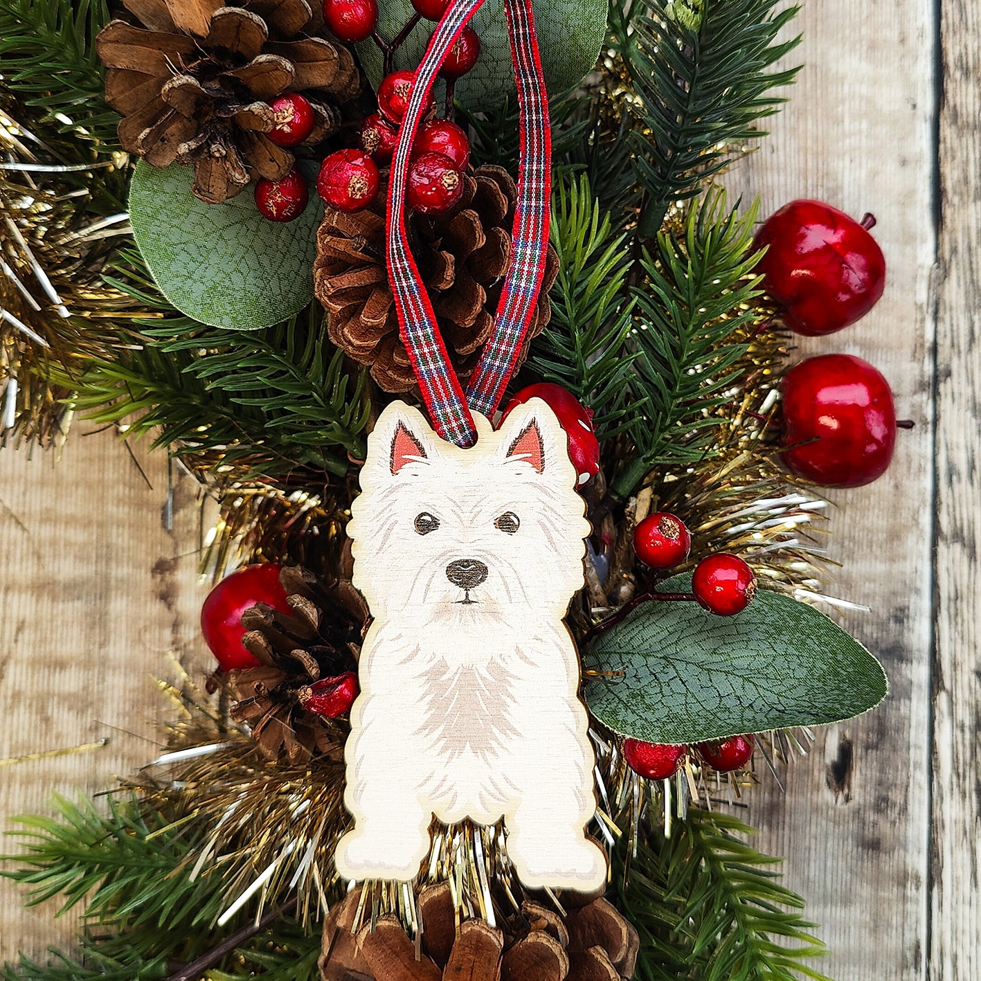 West Highland Terrier Dog Hanging Wooden Christmas Tree Ornament