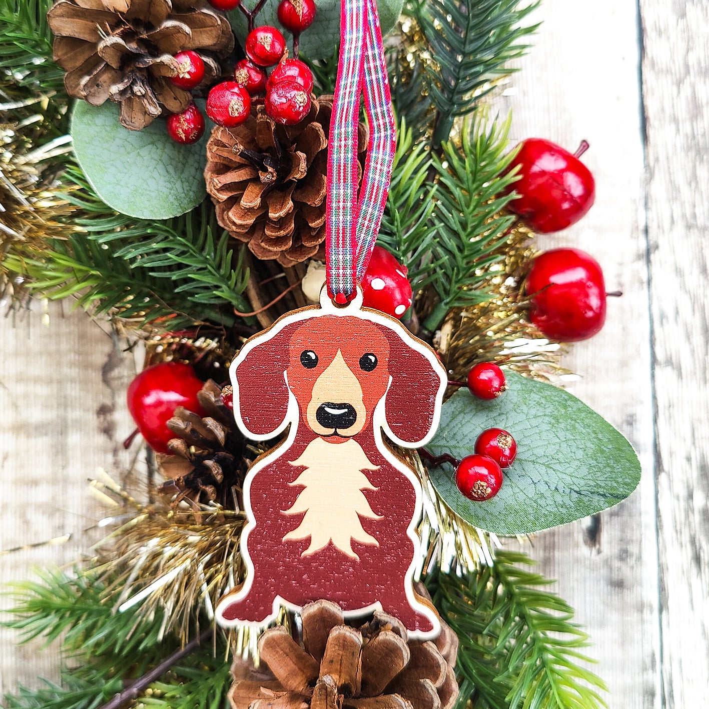 Dachshund Dog Hanging Wooden Christmas Tree Ornament