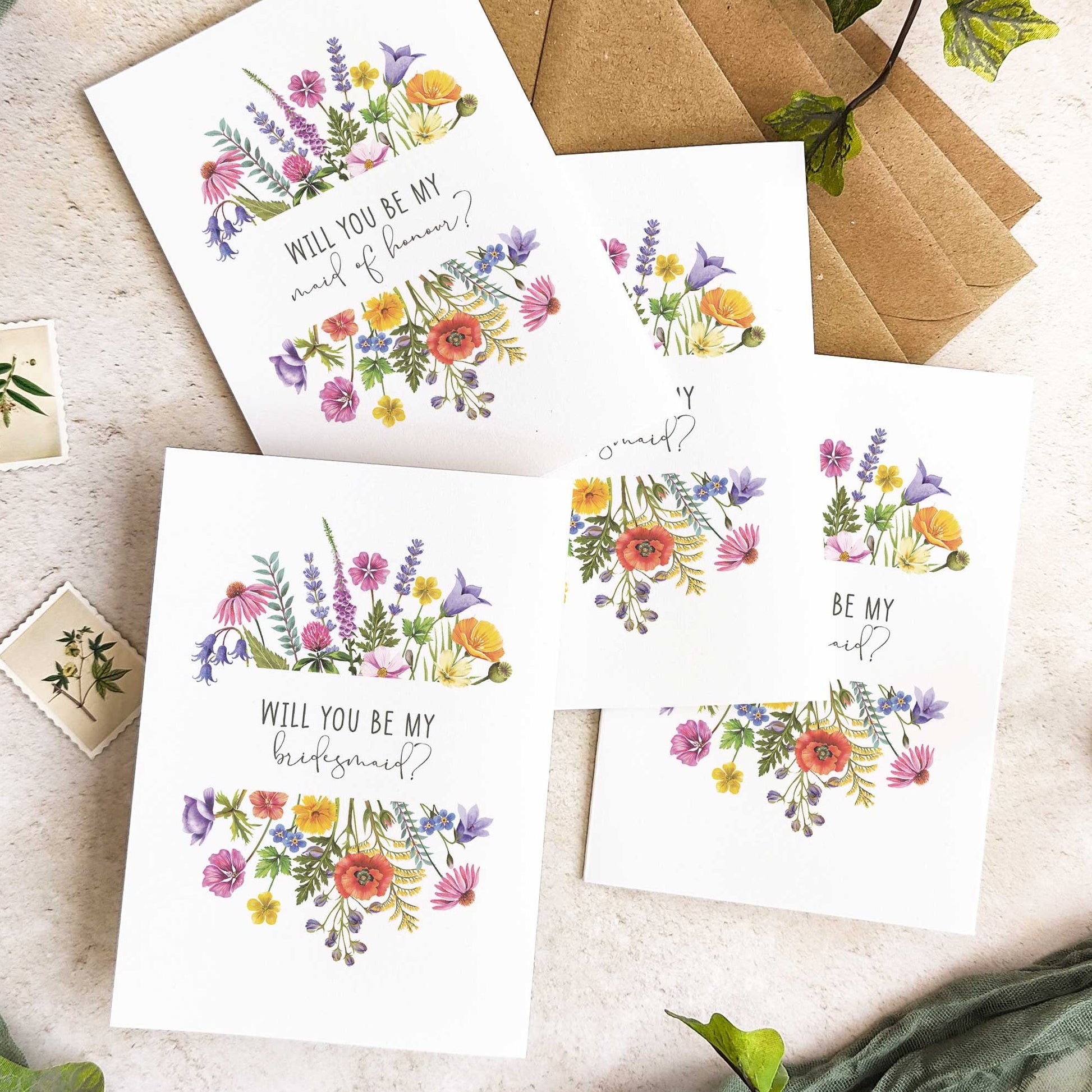 Colorful rainbow floral wedding bridesmaid card