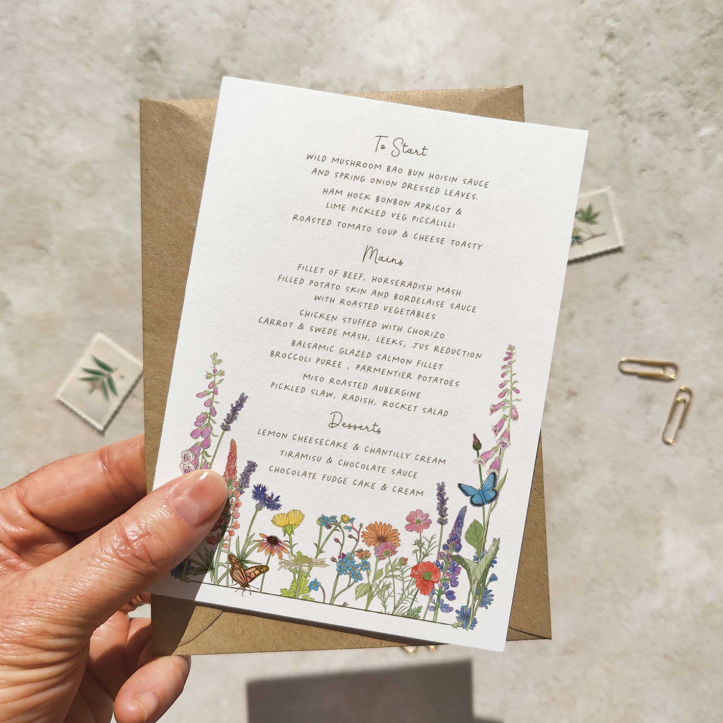 Cottage Garden Wildflowers Gate folded A6 Wedding Invitation