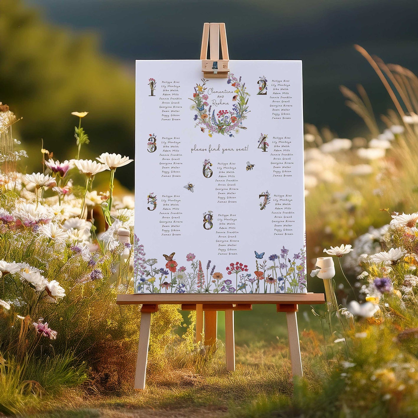 Cottage Garden Wildflower Numbers Table Plan Board