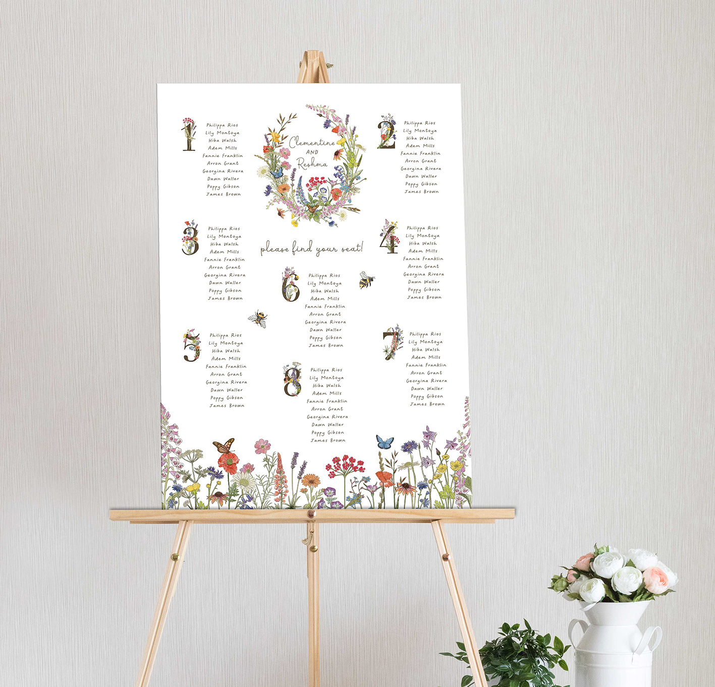 Cottage Garden Wildflower Numbers Table Plan Board