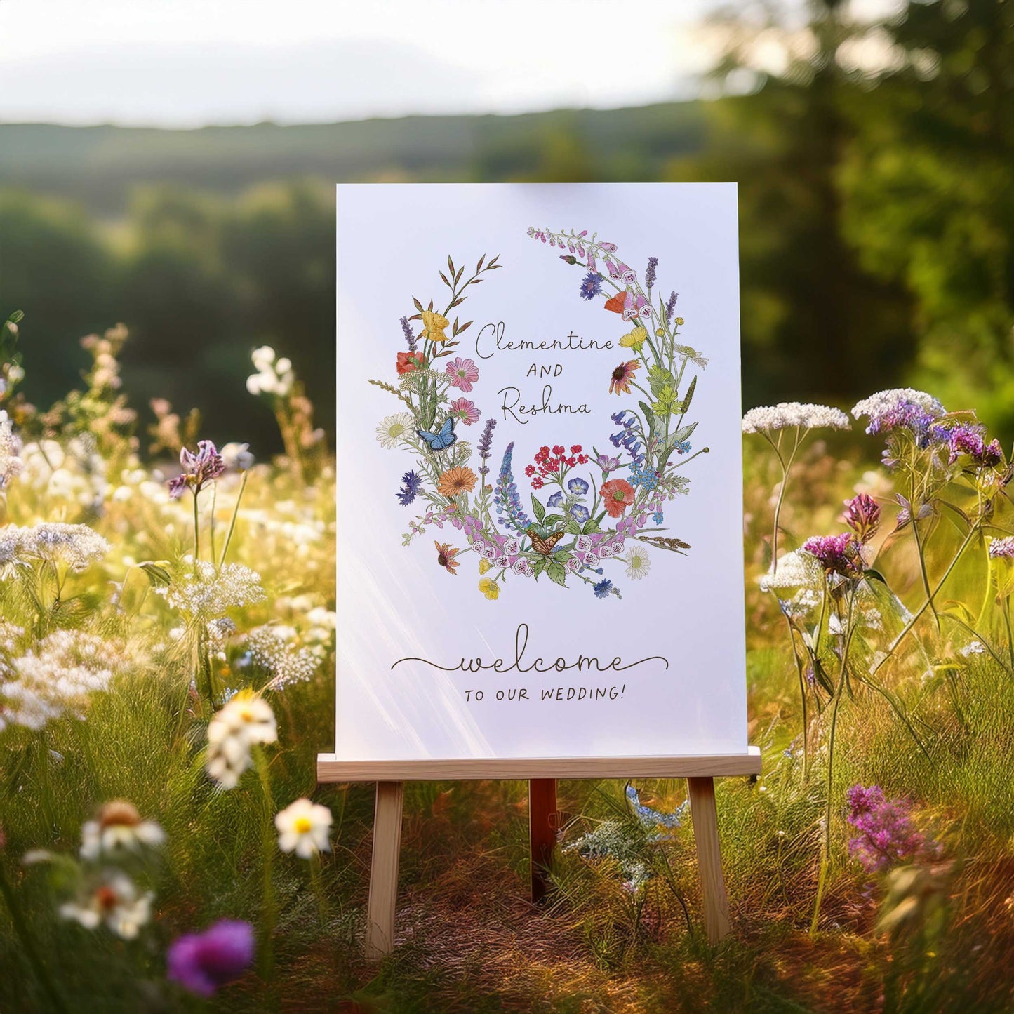 Cottage Garden Wildflower Wreath Welcome Sign