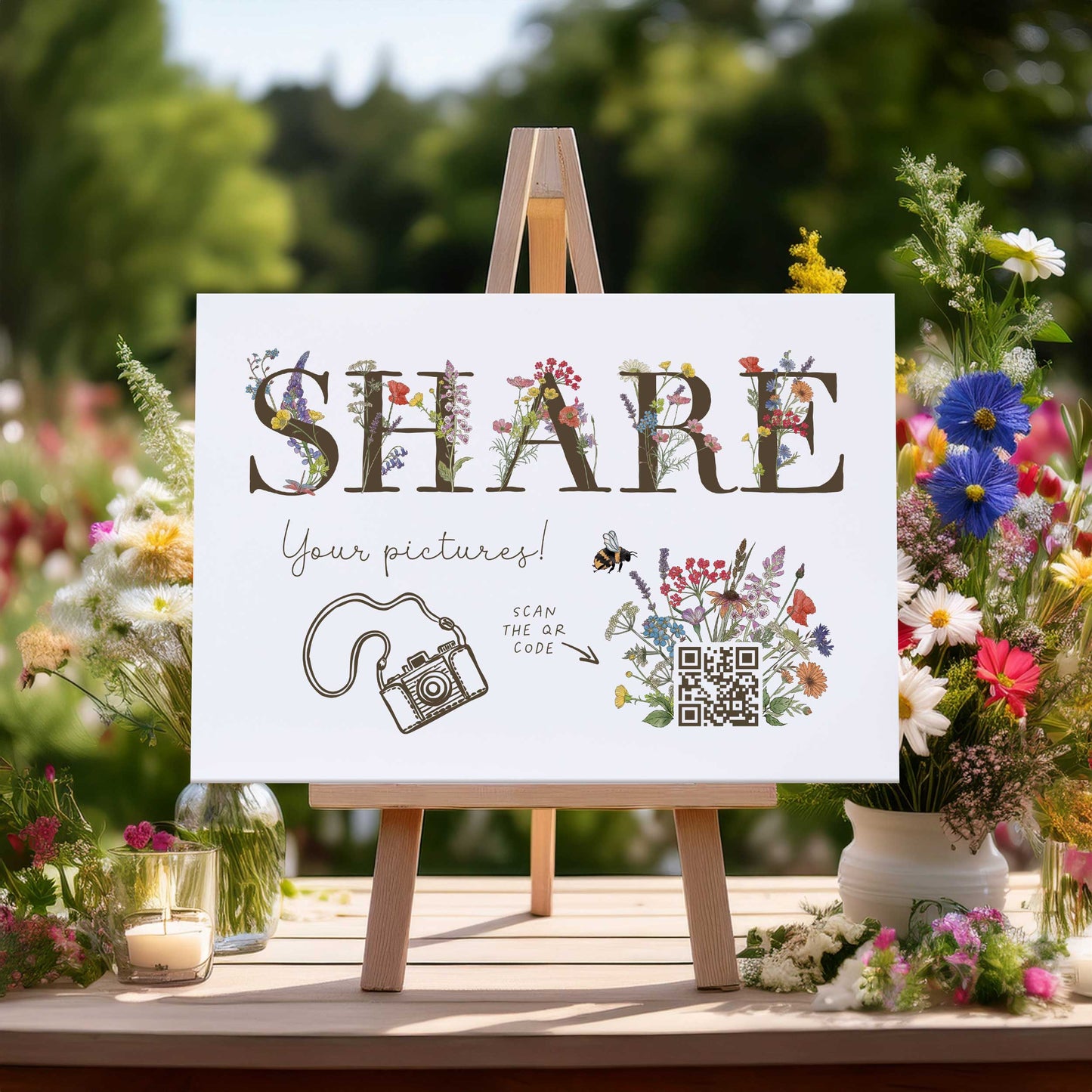 Cottage Garden Floral Personalised QR Code Photo Share Sign