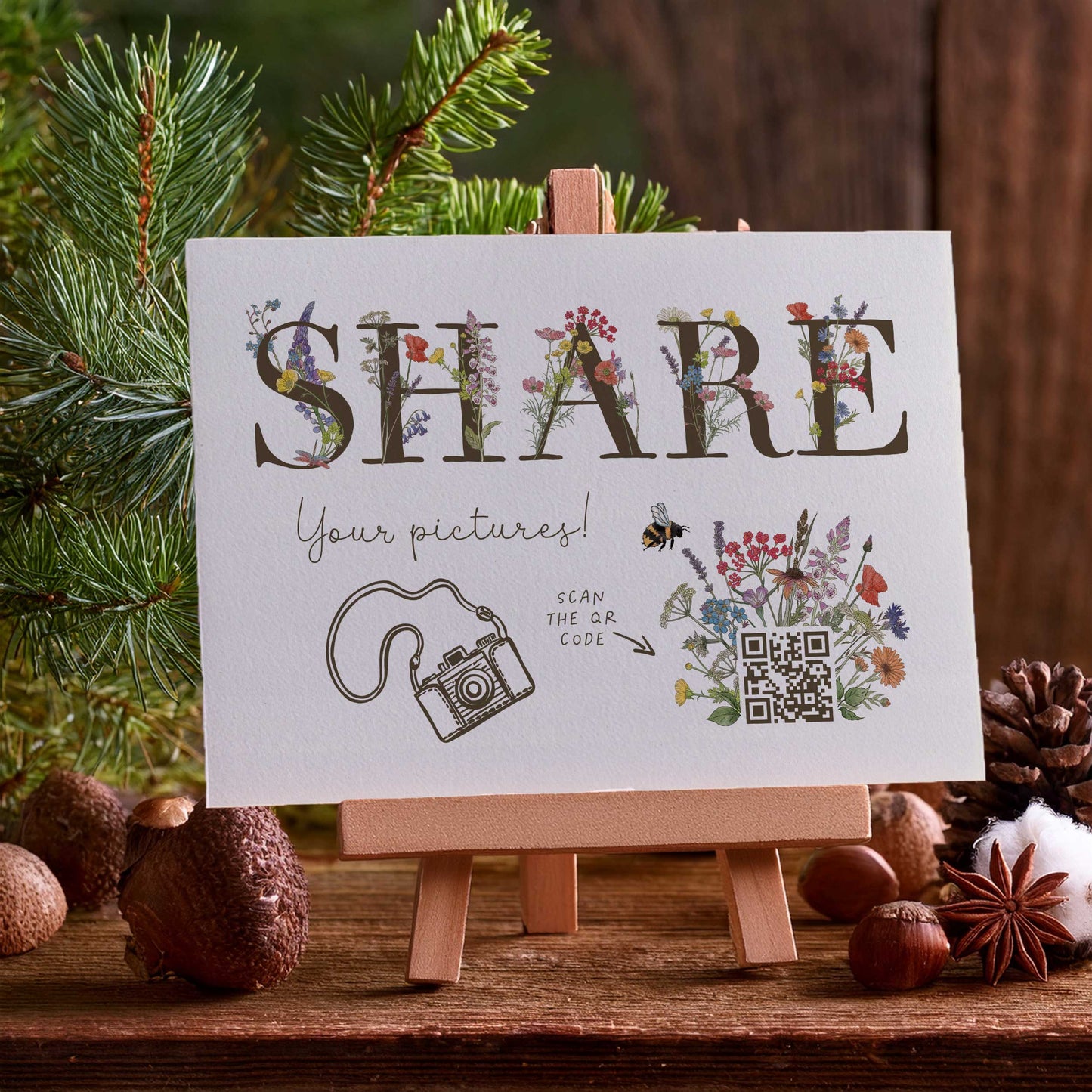 Cottage Garden Floral Personalised QR Code Photo Share Sign