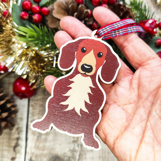 Dachshund Dog Hanging Wooden Christmas Tree Ornament