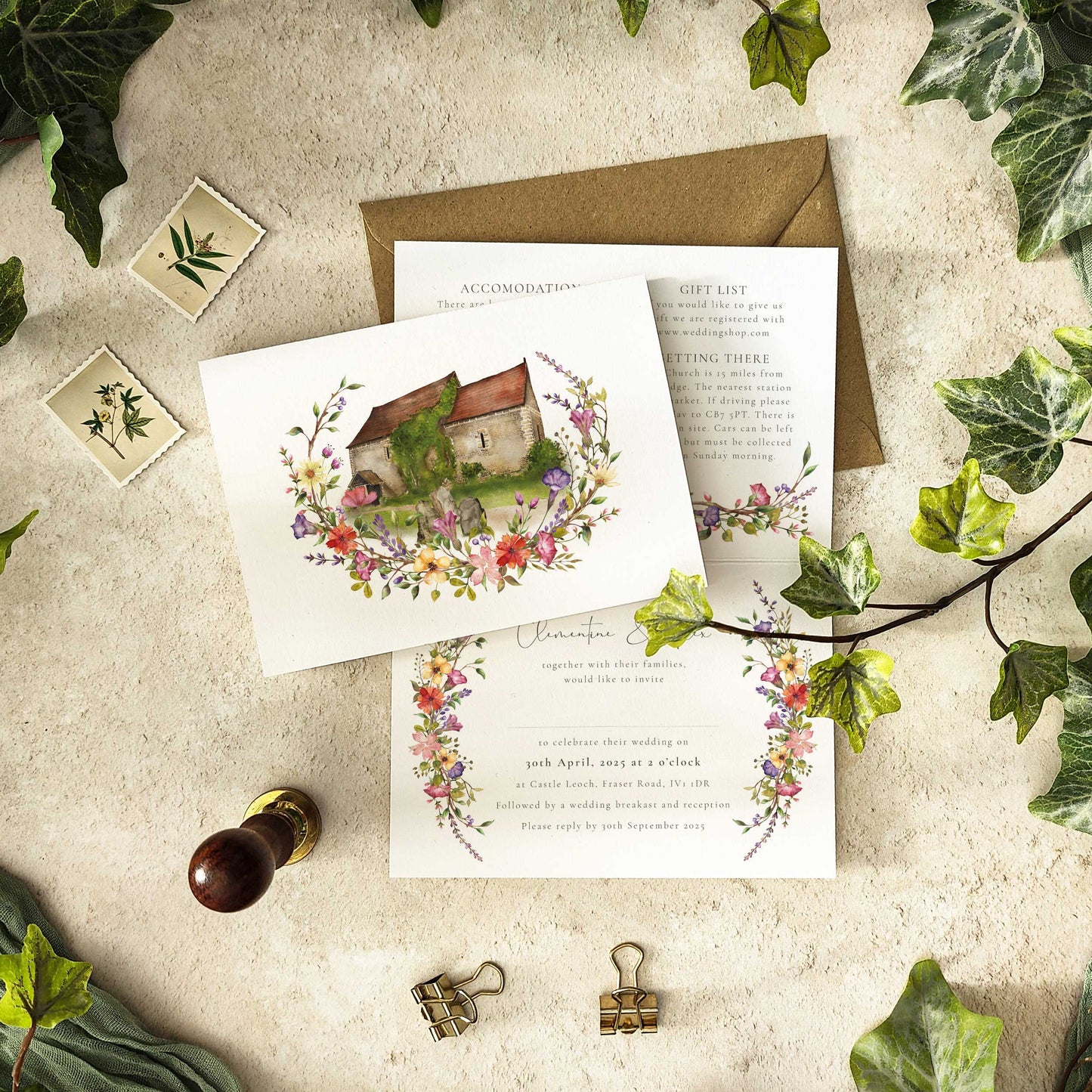 Delicate Meadow Folded Invitation With Optional Venue Painting