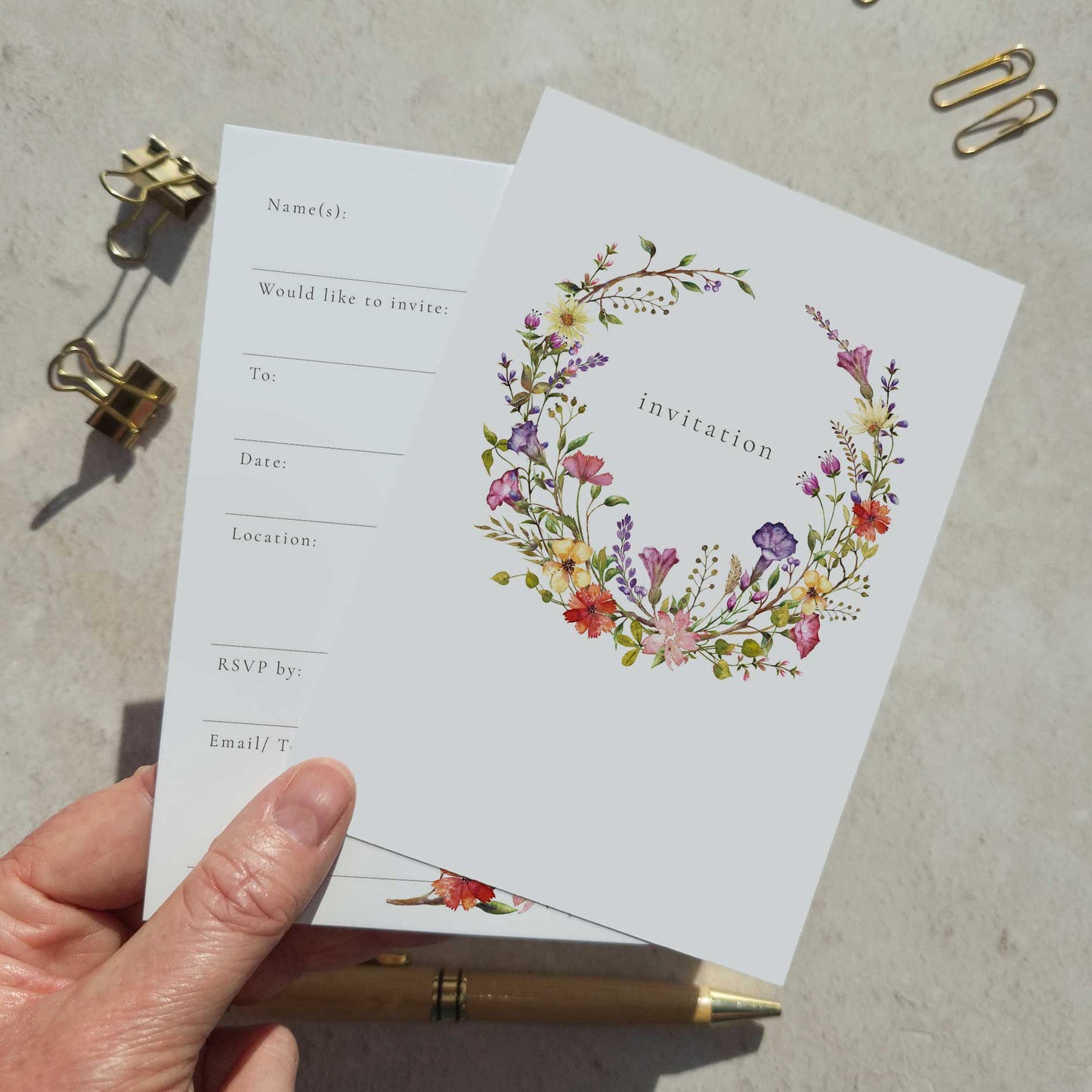 10 x Wildflower Ready To Write Invitations with Delicate Florals
