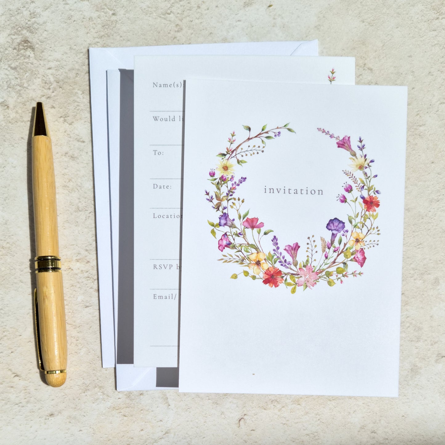 10 x Wildflower Ready To Write Invitations with Delicate Florals