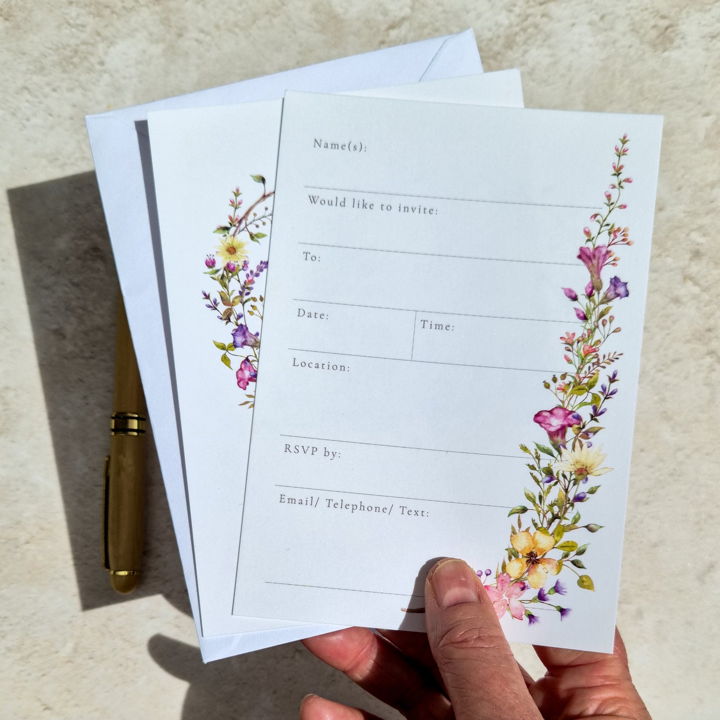 10 x Wildflower Ready To Write Invitations with Delicate Florals