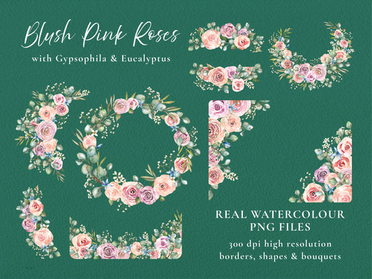 Pink Roses and Eucalyptus 26 x Digital PNG Floral Borders and Motifs
