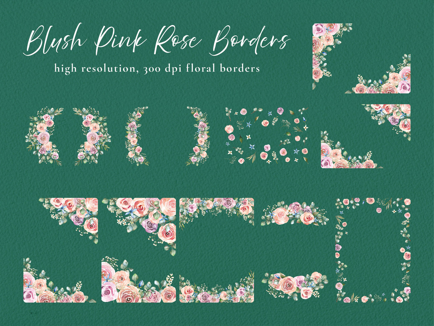 Pink Roses and Eucalyptus 26 x Digital PNG Floral Borders and Motifs