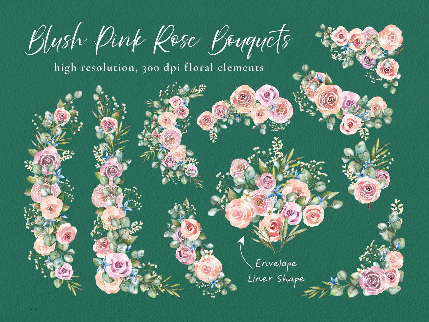 Pink Roses and Eucalyptus 26 x Digital PNG Floral Borders and Motifs