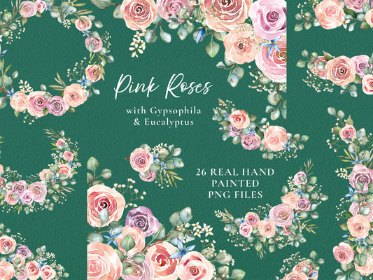 Pink Roses and Eucalyptus 26 x Digital PNG Floral Borders and Motifs