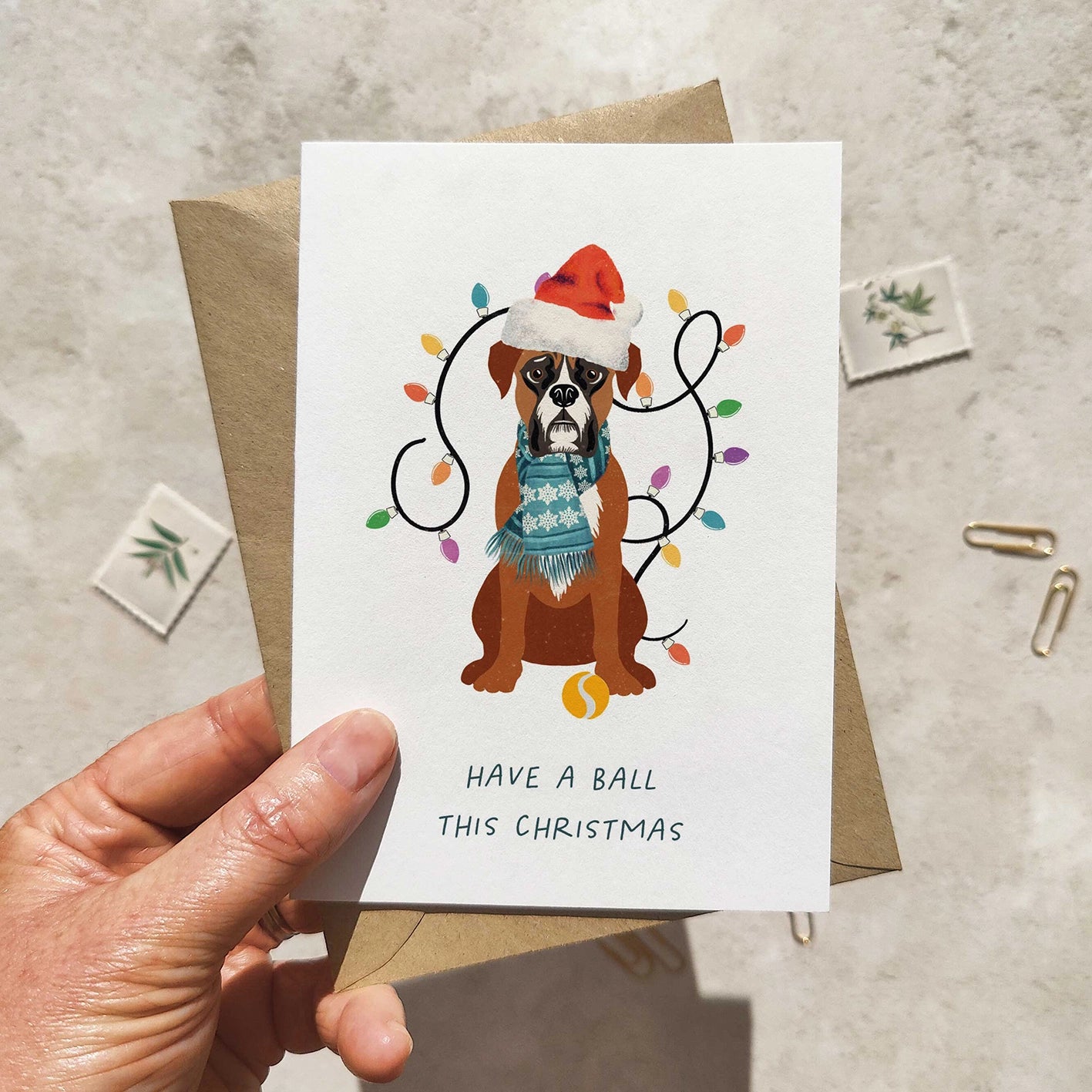 Boxer Dog in Christmas Hat Folded Card & Envelope