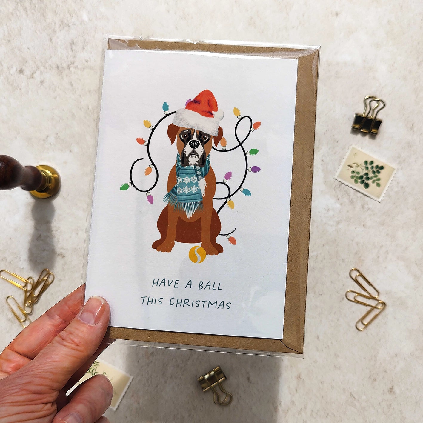 Boxer Dog in Christmas Hat Folded Card & Envelope
