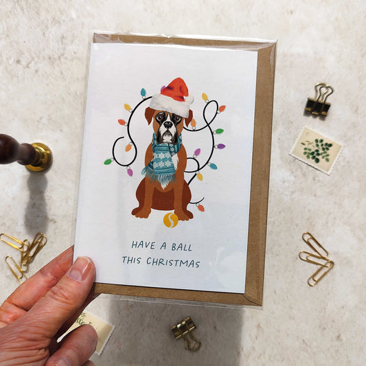 Boxer Dog in Christmas Hat Folded Card & Envelope