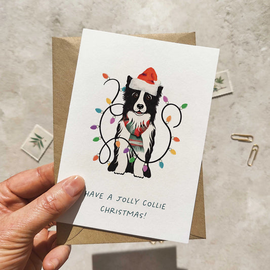 Collie Dog in Christmas Hat Folded Card & Envelope