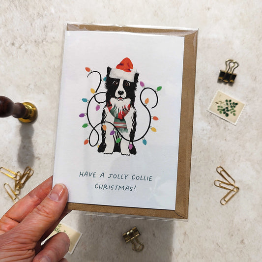 Collie Dog in Christmas Hat Folded Card & Envelope