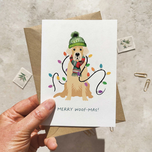 Golden Retriever in Christmas Hat Folded Card & Envelope