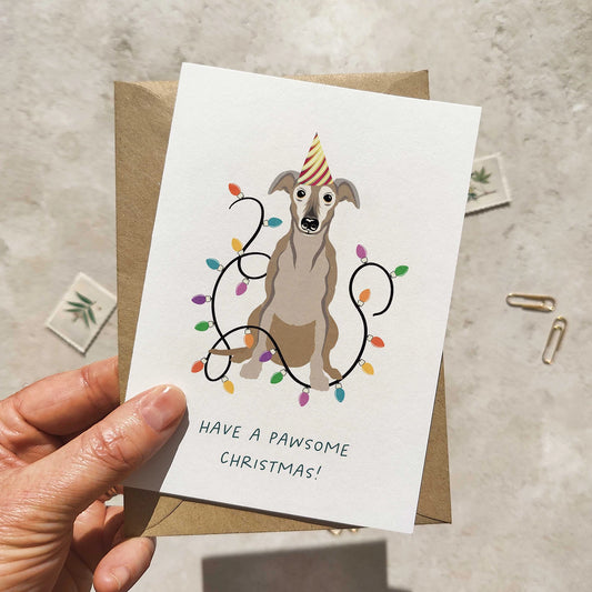 Greyhound in Christmas Hat Folded Card & Envelope