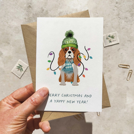 King Charles Spaniel in Christmas Hat Folded Card & Envelope