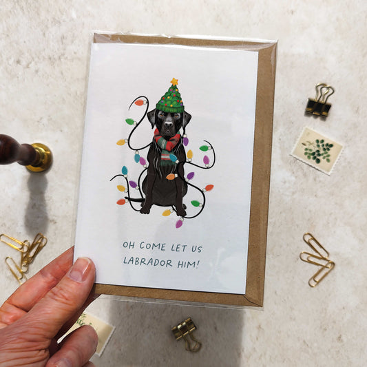Black Labrador in Christmas Hat Folded Card & Envelope