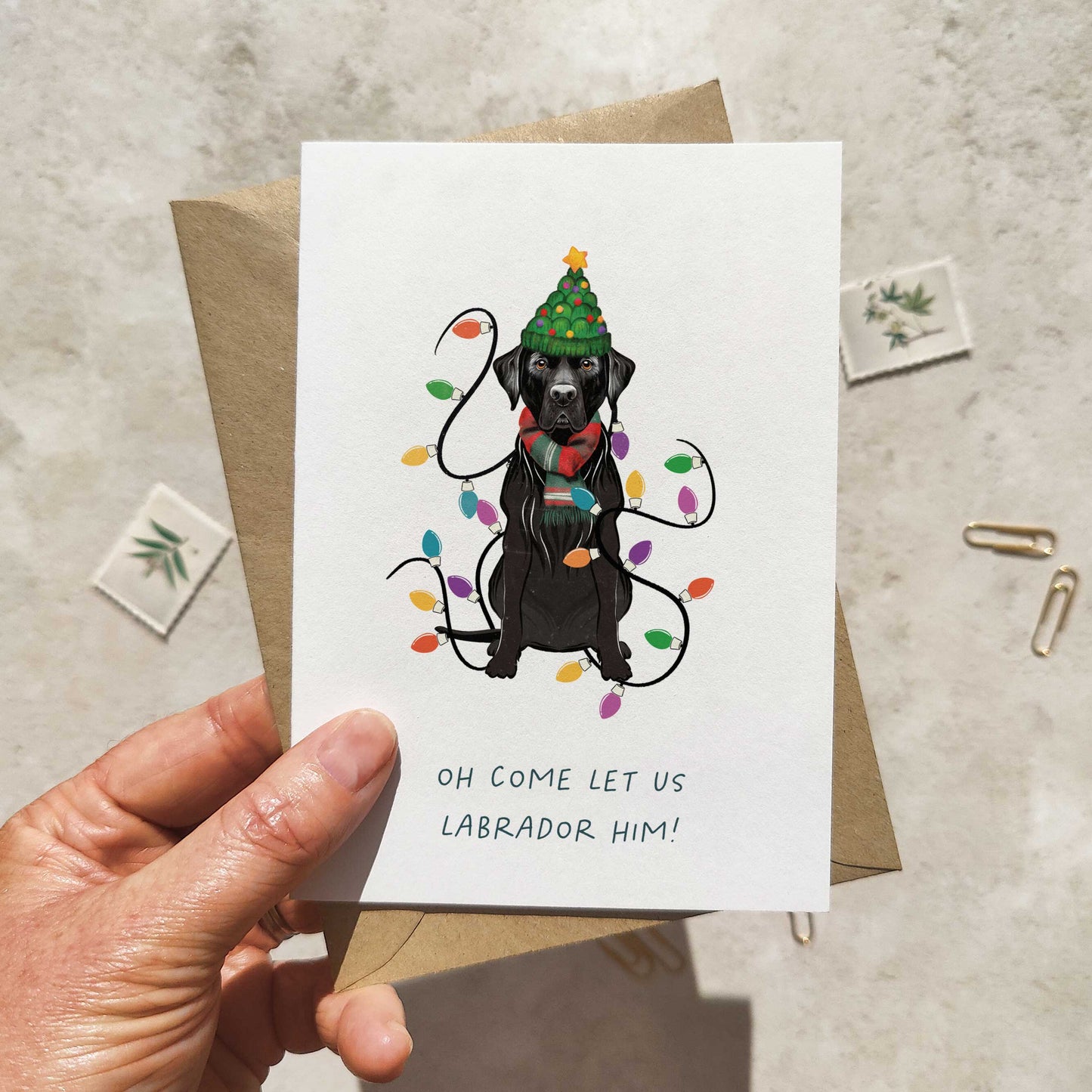 Black Labrador in Christmas Hat Folded Card & Envelope