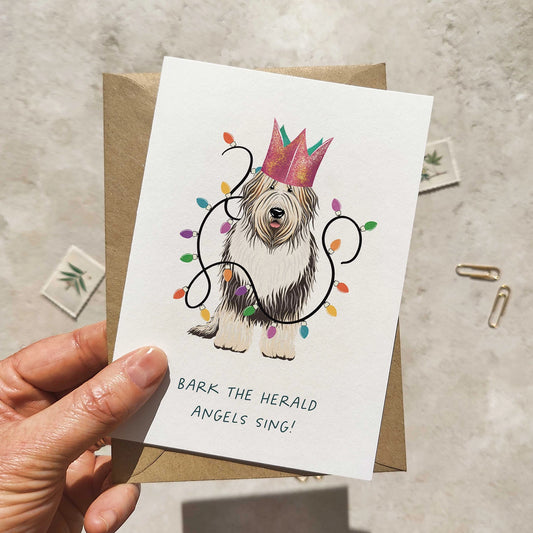 Old English Sheepdog in Christmas Hat Folded Card & Envelope
