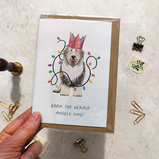 Old English Sheepdog in Christmas Hat Folded Card & Envelope