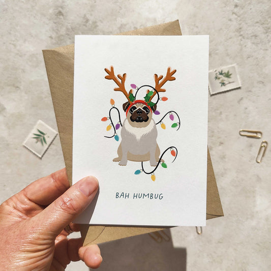 Pug in Christmas Hat Folded Card & Envelope