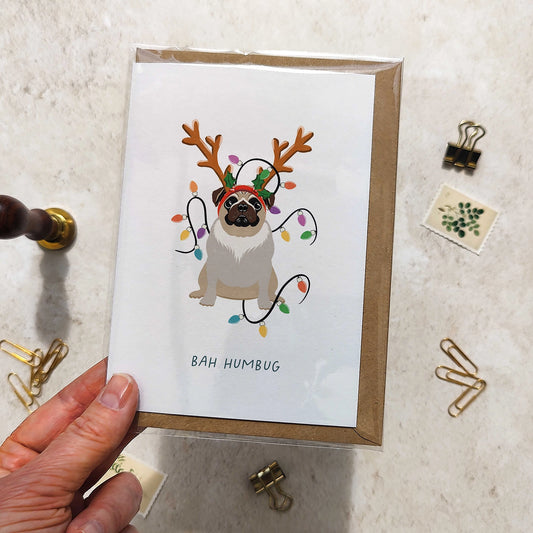 Pug in Christmas Hat Folded Card & Envelope