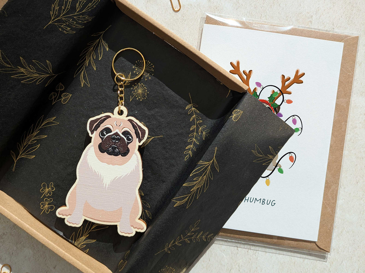 Pug Dog Wooden Keyring